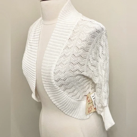 Derek Heart Vintage White Crochet Open Knit Long Sleeve Cropped Cardigan Size L - Picture 7 of 12